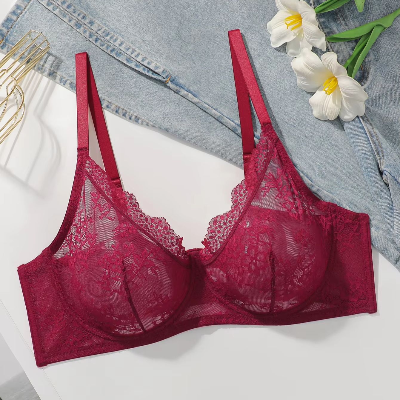 Women Plus Size Red Lace Sheer - Full Coverage Bra review and price